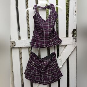 Vintage Tripp NYC Matching Purple Plaid Halter Top sz M & Mini Skirt Size S